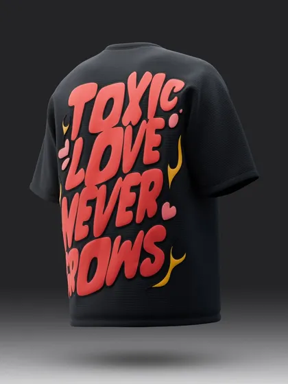 A detailed 3D render showing the texture and dimension of the puff print on the 'Toxic Love' tee. You can see how the letters stand out from the fabric.