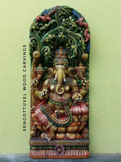 A 36-inch Ganesha panel with jolly work, finished in our signature multi-color style. The bright colors highlight the deity seated under the Kalpavriksha tree, creating a vibrant and auspicious piece.