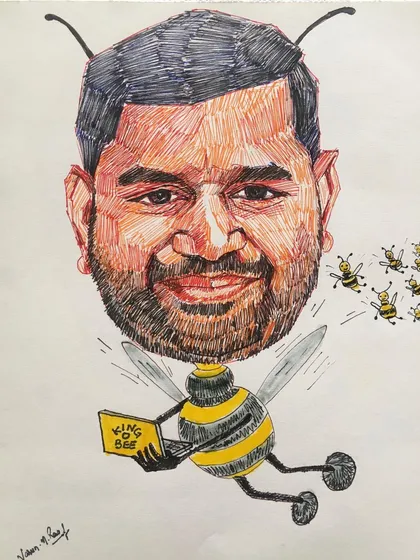 A "King Bee" caricature, celebrating a team leader. The theme is built around the person's role, making it a very specific and thoughtful piece of art.