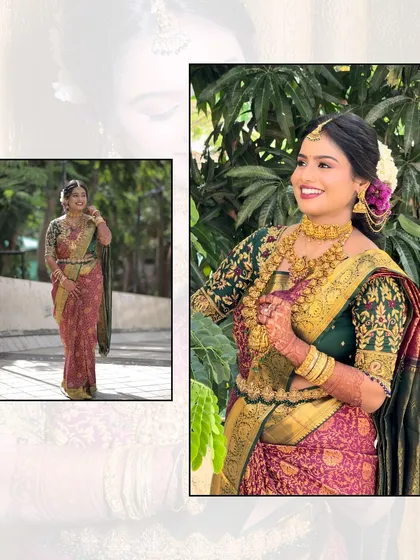 A collage showcasing the bride's complete look. The rich colors of her Kanjivaram saree and the intricate temple jewelry create a regal and timeless appearance.