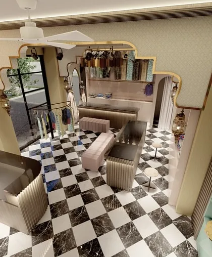 An overhead 3D view of the boutique layout. This helps the client understand the customer flow, the placement of racks and counters, and the overall use of space before construction begins.