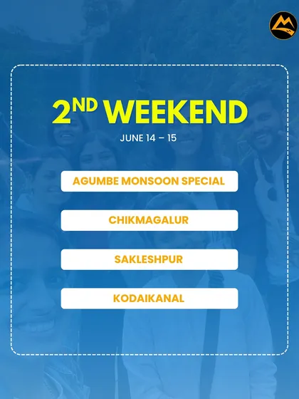 Our schedule for the 2nd weekend of June. Join us for the Agumbe monsoon special or trips to Chikmagalur, Sakleshpur, and Kodaikanal.