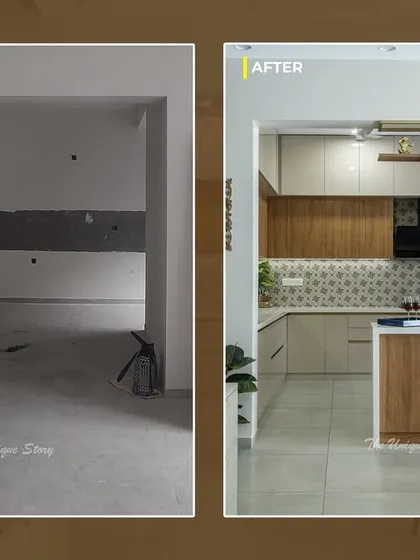 Our turnkey process transforms empty shells into dream homes. This before-and-after of a kitchen project shows our journey from a bare construction site to a fully realized modern kitchen with custom cabinetry, an elegant backsplash, and a functional breakfast island.