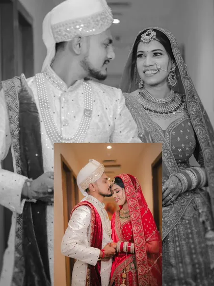A creative collage that combines a black and white portrait with a smaller color inset, highlighting an intimate moment between the couple.