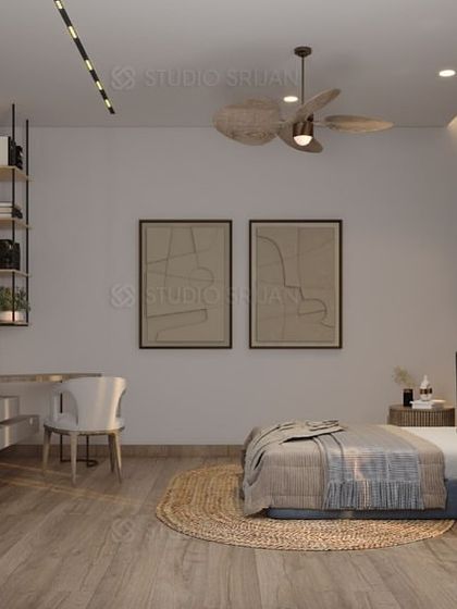 This view shows the functional layout of the rustic-themed bedroom, including a floating vanity and desk area.