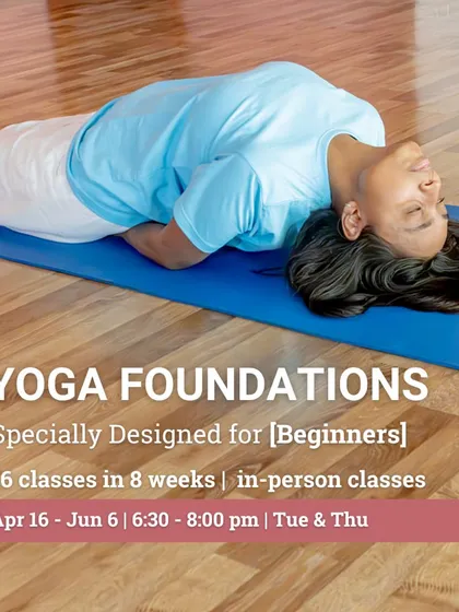 This 16-class in-person course is designed for beginners to learn the fundamentals. The student here is in Matsyasana (Fish Pose), a counter-pose to shoulderstand that opens the chest and throat chakras.