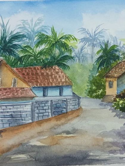 A watercolour painting of a quiet village scene in Kerala. This piece captures the lush greenery and unique architecture of the region, focusing on light and shadow.