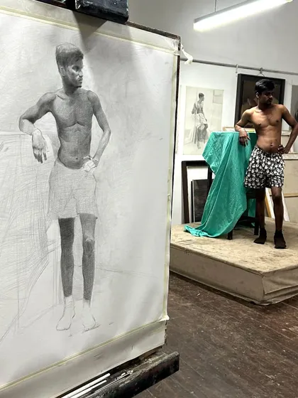This shows the foundation of all my work. An academic life drawing from my time at Sir J. J. School of Art, where I learned the fundamentals of anatomy and form. This rigorous training is what I bring to every painting I create.