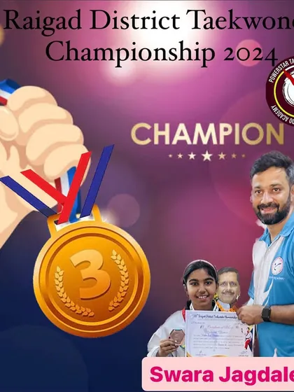 Swara Jagdale, another champion from our academy, celebrating her win at the Raigad District Taekwondo Championship.