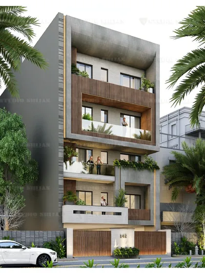 An angled view of a 227 sq. yard home in Janakpuri. The design features a deep, wood-clad recessed balcony that creates a strong sense of enclosure and privacy for the residents.