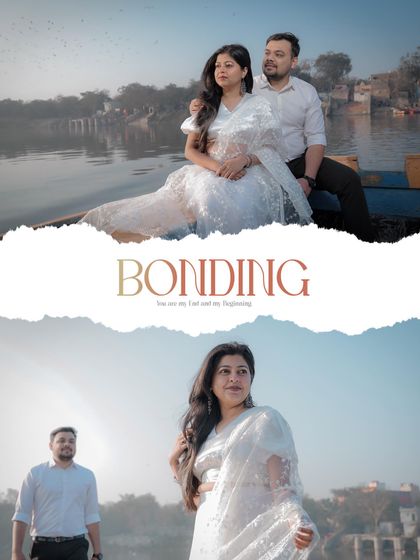 A creative collage from a pre-wedding shoot, showcasing the beautiful bond between the couple with shots on the water and by the shore.