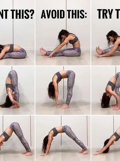 I use these "Want this? Avoid this. Try this" guides often. They clearly show how small adjustments, like bending the knees in a forward fold, can lead to a safer and more effective practice.