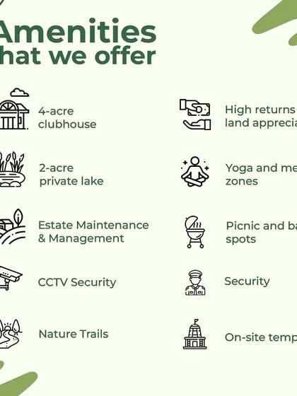 Your investment includes access to a complete lifestyle. My farm communities feature amenities like a 4-acre clubhouse, a 2-acre private lake, yoga zones, nature trails, and full estate maintenance with CCTV security.