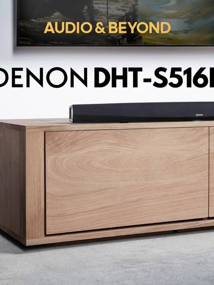 The Denon DHT-S516H soundbar and wireless subwoofer shown in a home setting. This system is designed to deliver high-resolution audio playback for both movies and music, providing a significant upgrade in clarity and depth over standard TV speakers.