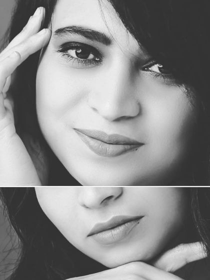 A creative black and white beauty shot, composed of two different close-ups. This artistic approach helps a model stand out.