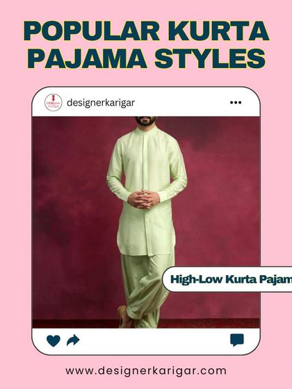 For a more contemporary look, a high-low kurta pajama offers a modern silhouette. This light green set is perfect for a daytime event or Mehendi ceremony.