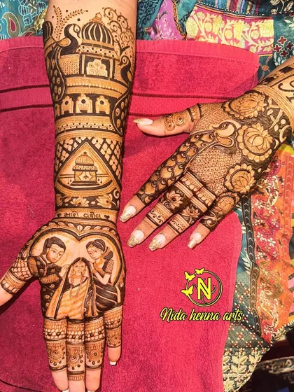 Another angle of the bride-with-parents design, showing the full composition on both hands.