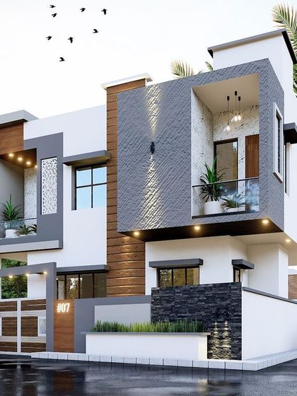 An identical angled view of the Shreerampura residence, highlighting its dynamic form.