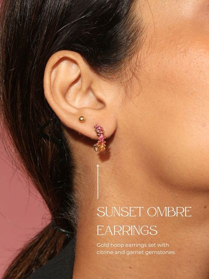 The matching Sunset Ombre hoop earrings, featuring the same warm gradient of citrine and garnet. They offer a perfect balance of bold color and dainty elegance.