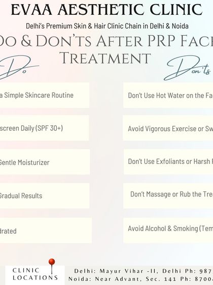 Another helpful Do's and Don'ts guide for post-PRP face treatment, advising clients to stick to a simple routine and avoid exfoliants or rubbing the treated area.