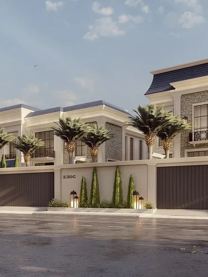 This design for a series of neoclassical villas demonstrates our approach to creating cohesive and private streetscapes within a luxury township. Each home maintains its individual grandeur while contributing to a harmonious and secure neighborhood aesthetic, with high boundary walls ensuring complete privacy.