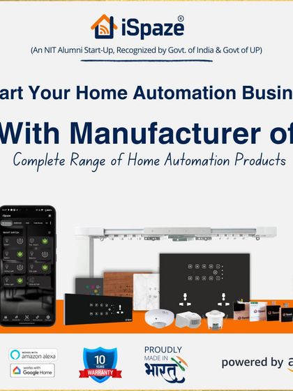 Start your home automation business by partnering directly with the manufacturer. This image showcases our complete product range, from smart switches to curtain controllers, all backed by our 10-year warranty and 'Proudly Made in Bharat' promise.