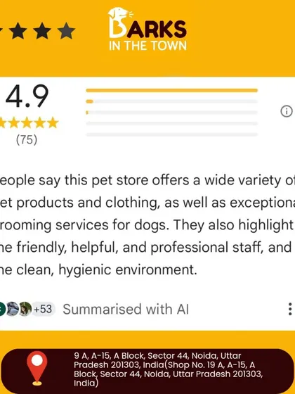 A 4.9-star summary of 75 reviews. It highlights our wide variety of products, exceptional grooming, friendly staff, and clean environment.