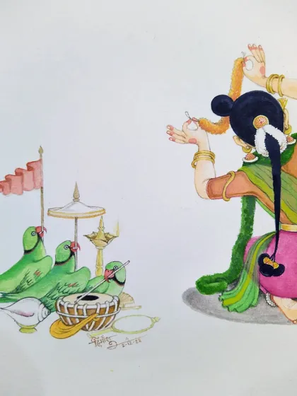 This painting from my Margazhi series, titled "Paaran," visualizes the culmination of Andal's month-long penance (nombu). Her parrot companions form a divine orchestra as she performs her rituals, symbolizing the journey from conception to the consummation of her devotion.