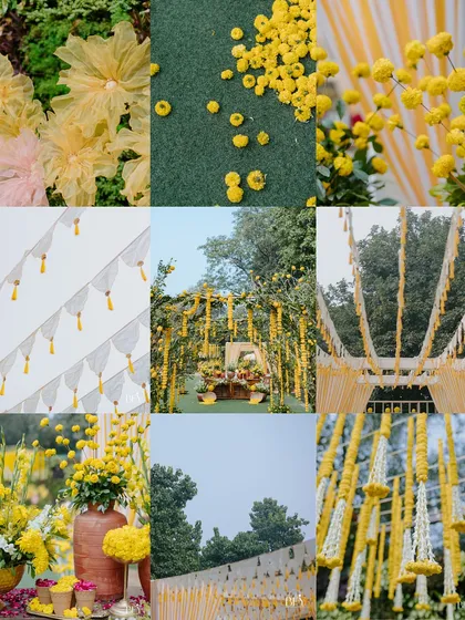 A mood board of the stunning yellow-themed decor from a Chandigarh Haldi, showcasing marigolds and elegant drapery.