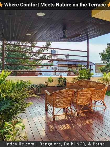 I can turn any terrace into a peaceful retreat. For this rooftop project, I used a combination of durable wooden deck flooring and custom-woven bamboo furniture to create a comfortable seating area. The surrounding greenery and shaded pergola make it a perfect urban escape that connects you with nature.