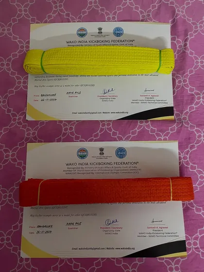 The reward for dedication. These official WAKO India yellow and orange belts and certificates are ready to be handed out to students who have successfully passed their grading.