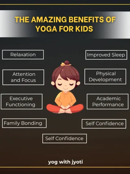 An infographic detailing the amazing benefits of yoga for kids, from improved sleep and focus to increased self-confidence and physical development.