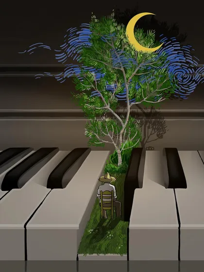 A surreal vision of finding one's own space for creation. I imagine a path of green grass and a single tree growing between the keys of a piano, where the artist sits in quiet solitude under a crescent moon.
