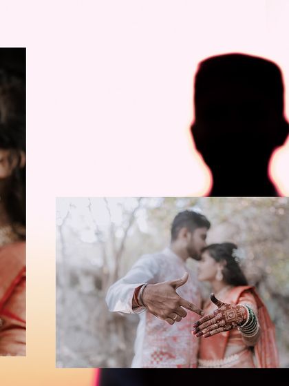 A creative collage using silhouettes and close-ups of the couple's hands to tell the story of their engagement.