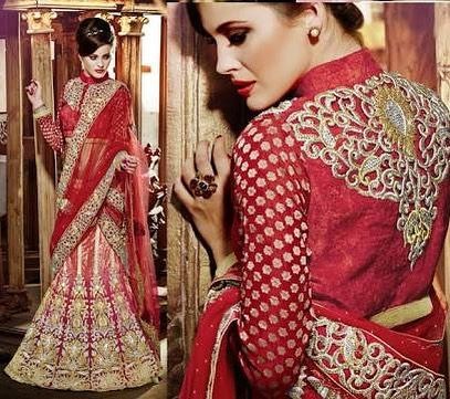 A classic red bridal lehenga with intricate gold embroidery. We have been stitching timeless wedding outfits for brides since 1985, ensuring you get the look you've always dreamed of.