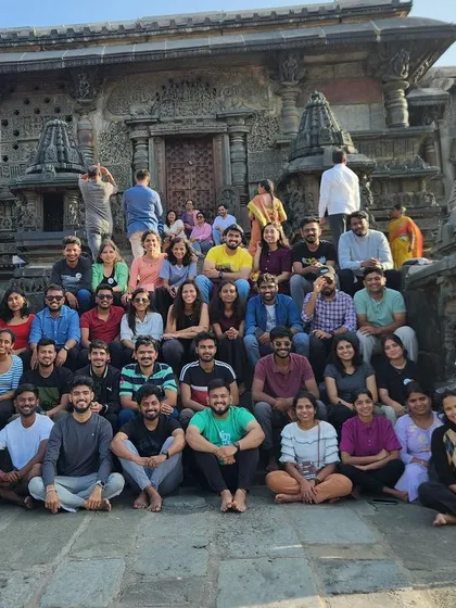 Our group at the Belur temple, a cultural stop during the Netravati trek weekend.