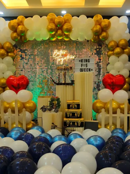 This "Better Together" setup is one of my most requested for anniversaries and romantic celebrations. The combination of gold, white, and blue balloons with heart-shaped accents creates a truly special setting for couples.