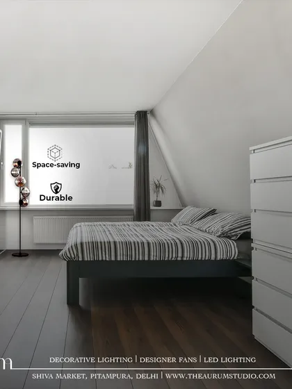 This modern floor lamp with multiple globes is a space-saving and durable lighting solution for a bedroom. Its vertical design provides excellent ambient light without taking up surface area.