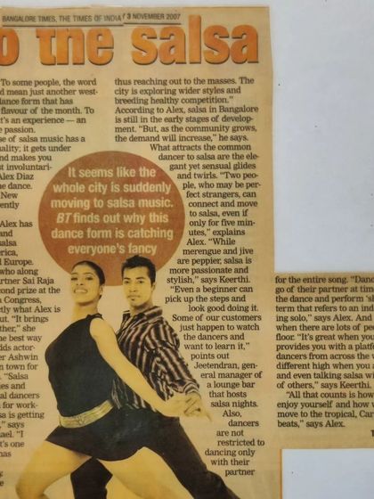 An early feature from the Bangalore Times titled "Do the salsa." This article explores the growing salsa scene in the city and features us as key instructors helping to build the community.
