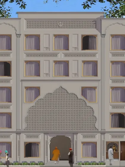 The project elevation for Gurudwara Fateh Nagar in New Delhi. This design features a prominent central arch with detailed latticework, serving as a beautiful and symbolic entrance to the sacred space.