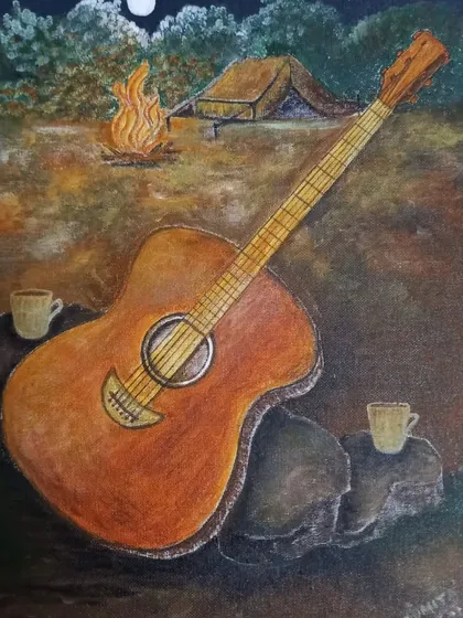 In this artwork, the guitar is the centerpiece of a cozy campfire scene. This creative exercise encourages students to think about storytelling and atmosphere in their paintings.