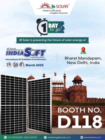 Our "1 Day to Go" announcement for INDIASOFT 2025 in New Delhi. We invited attendees to explore the future of solar energy at our booth in the prestigious Bharat Mandapam.