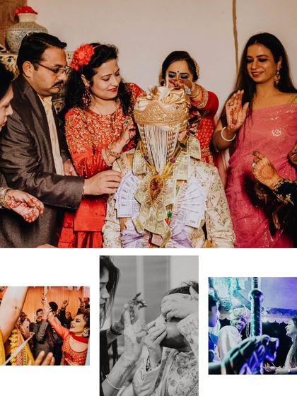A collage of traditional pre-wedding rituals for the groom, surrounded by the blessings of his family.