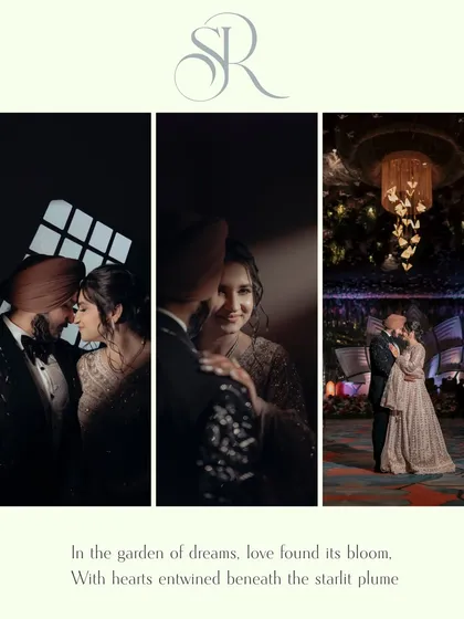 A collage showcasing the romantic and cinematic shots of Sahib and Ravleen, using creative lighting and shadows to tell their love story.