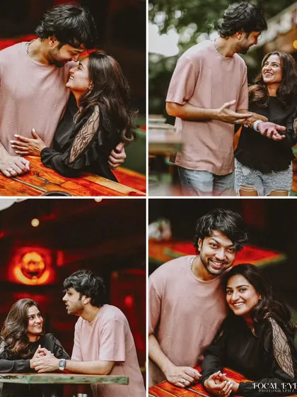 A collection of four candid shots from an indoor pre-wedding session. The warm, ambient lighting and the couple's playful interactions create a cozy and authentic series of photos.
