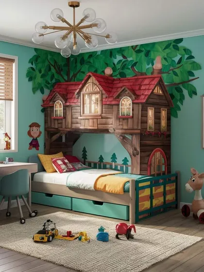 I love creating magical spaces for children. This custom treehouse bunk bed is a perfect example of how I combine playful themes with practical design, creating a room that sparks imagination and provides a cozy place to sleep.