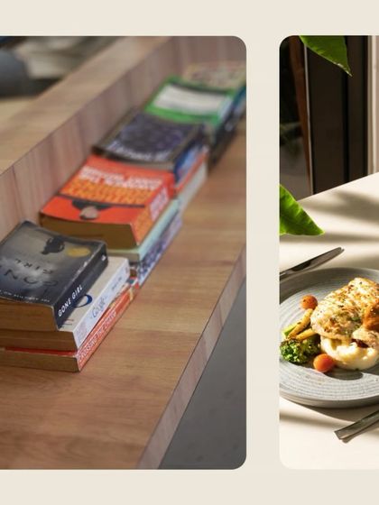 From our library of books to our beautifully plated meals, this collage captures the details that define the Paper & Pie experience.