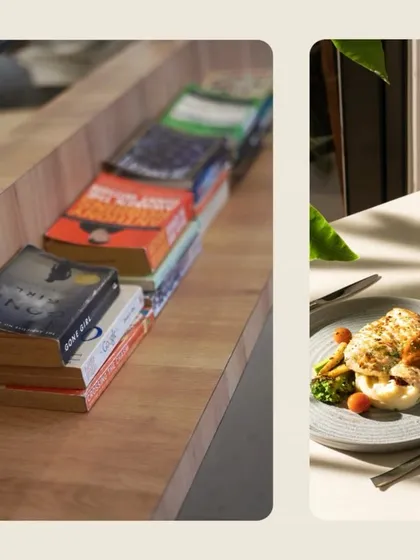 From our library of books to our beautifully plated meals, this collage captures the details that define the Paper & Pie experience.