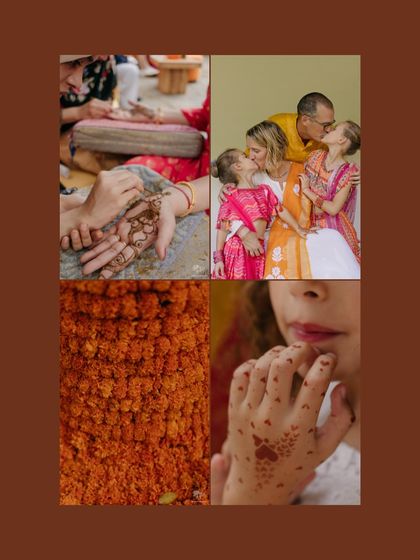 A collage of details from a cross-cultural Haldi. The intricate henna, the marigold flowers, and the sweet moments shared with family highlight the beautiful blend of traditions.