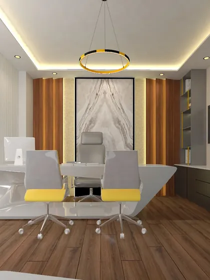 A contemporary office design with a sleek, futuristic desk and a statement art piece. The space includes ample storage and uses a mix of wood, marble, and metallic finishes for a high-end look.